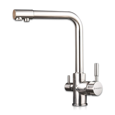 A silver kitchen sink mixer faucet with an additional water filtration tap, positioned against a white background.