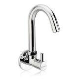 A silver wall-mounted kitchen sink tap with a sleek design on a white background.