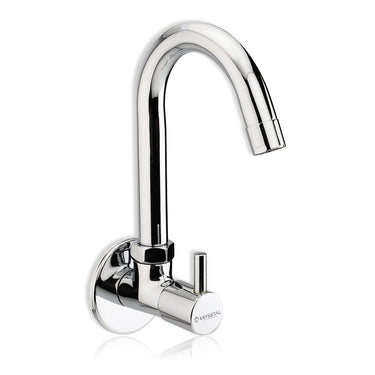 A silver wall-mounted kitchen sink tap with a sleek design on a white background.