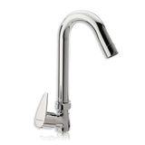 A silver kitchen sink faucet with a high arch and side lever on a white background.