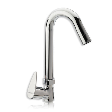 A silver kitchen sink faucet with a high arch and side lever on a white background.