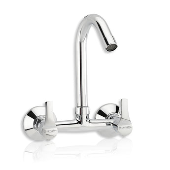 A silver kitchen sink mixer tap with a high-rise spout and two handles on a white background.