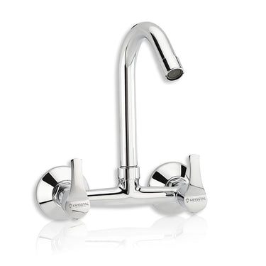A silver kitchen sink mixer tap with a high-rise spout and two handles on a white background.