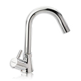 A silver kitchen sink tap with a swivel spout and a lever handle on a white background.