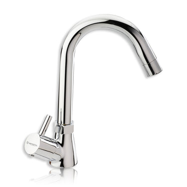 A silver kitchen sink tap with a swivel spout and a lever handle on a white background.