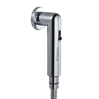 Silver Health Faucet Shower Tube with magnetic wall hook on a white background