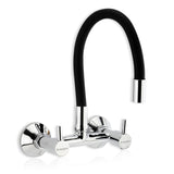 A wall-mounted kitchen sink mixer tap with a flexible silicone spout and chrome finish with dual controller.