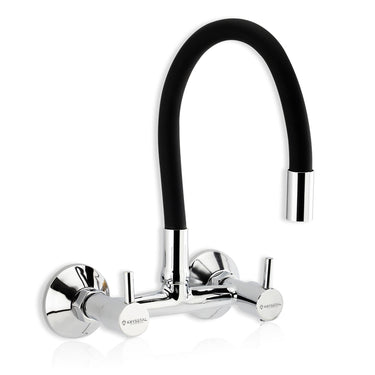 A wall-mounted kitchen sink mixer tap with a flexible silicone spout and chrome finish with dual controller.