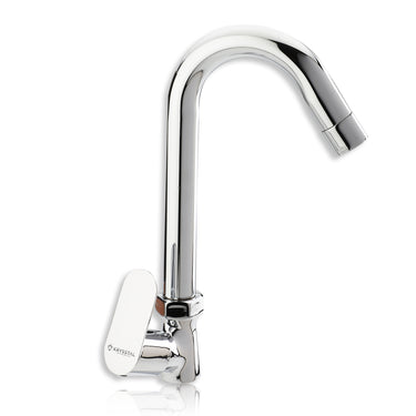 A silver kitchen sink tap with a chrome finish and a lever on the side.