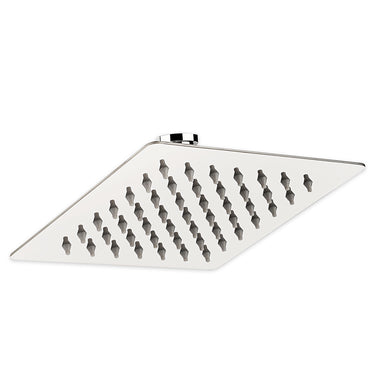A Silver overhead rain showerhead with multiple nozzles.