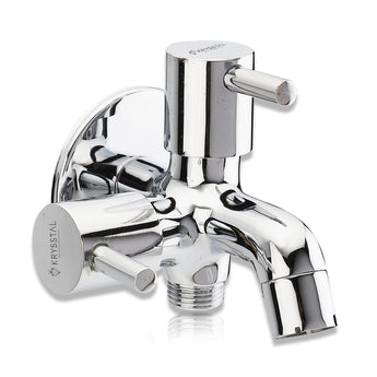 A chrome-plated brass faucet featuring two side handles and two outlets for versatile water access on a white background.