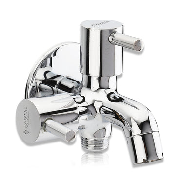 A chrome-plated brass faucet featuring two side handles and two outlets for versatile water access on a white background.