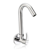 A silver wall-mounted kitchen sink tap with a chrome finish
