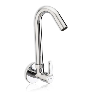 A silver wall-mounted kitchen sink tap with a chrome finish