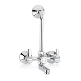 A wall-mounted mixer tap for bathrooms with a chrome finish and L-shaped bend on a white background.