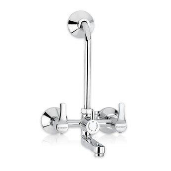 A wall-mounted mixer tap for bathrooms with a chrome finish and L-shaped bend on a white background.