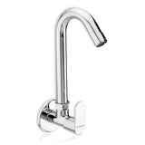 A silver wall-mounted kitchen sink tap with a chrome finish