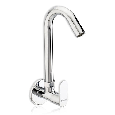 A silver wall-mounted kitchen sink tap with a chrome finish