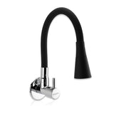 A wall-mounted kitchen sink tap with a dual flow feature and a black silicone spout.