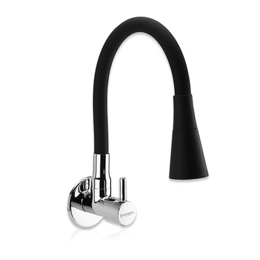 A wall-mounted kitchen sink tap with a dual flow feature and a black silicone spout.