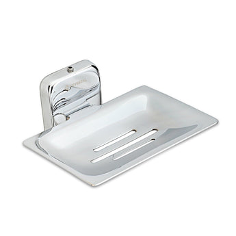 A silver stainless steel square soap dish holder with a wall mounting fixture.