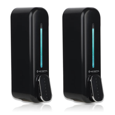 Two black wall mount soap dispensers with a visible brand logo on the front