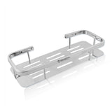 A silver metal medium shelf tray with cut-out holes and side supports on a white background.