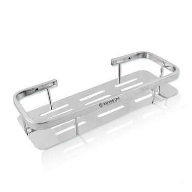 A silver metal medium shelf tray with cut-out holes and side supports on a white background.