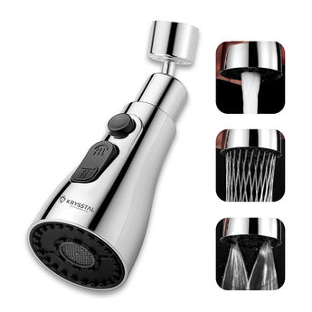 A silver-colored kitchen sink faucet aerator with an extended spray head, showing different water flow modes.