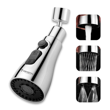 A silver-colored kitchen sink faucet aerator with an extended spray head, showing different water flow modes.