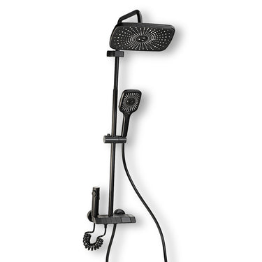 A black multi-functional shower panel complete set with a handheld showerhead, overhead shower, and a control knob