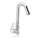 A silver kitchen sink faucet with a high arch and a side lever, isolated on a white background.