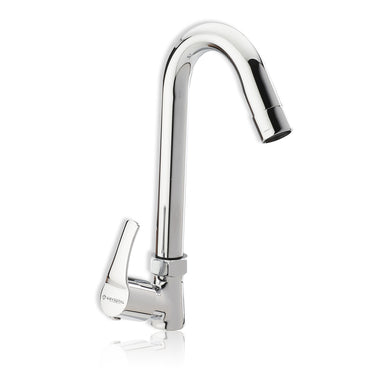A silver kitchen sink faucet with a high arch and a side lever, isolated on a white background.