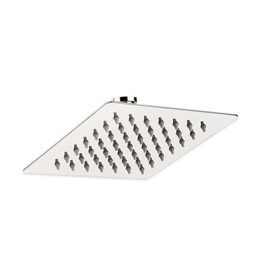 A silver overhead rain shower with multiple nozzles for water output.