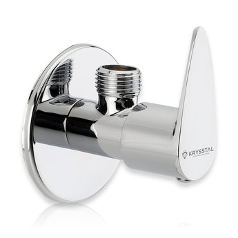 A silver angle valve with a polished metallic surface and a visible brand logo on the side on a white background.