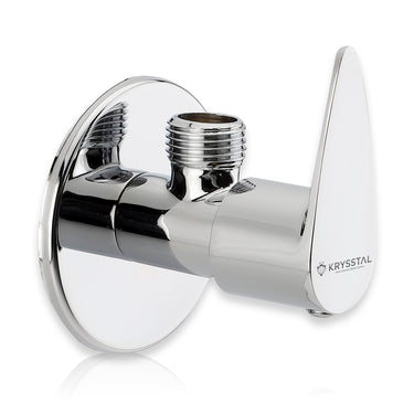A silver angle valve with a polished metallic surface and a visible brand logo on the side on a white background.