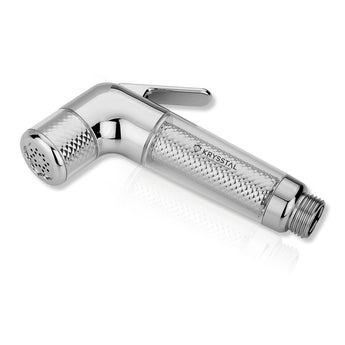 Chrome shower head with textured design on a white background