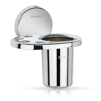 A silver stainless steel toothbrush holder with a lid, reflecting light on its surface.