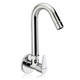 A silver wall-mounted kitchen sink tap with a chrome finish