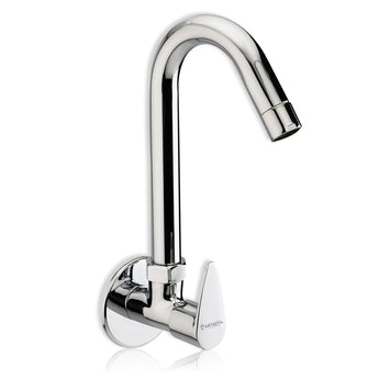 A silver wall-mounted kitchen sink tap with a chrome finish