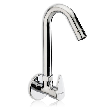 A silver wall-mounted kitchen sink tap with a chrome finish