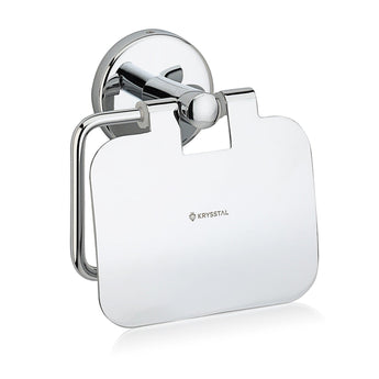 A silver toilet paper holder with a round design, featuring a cover and the brand name 'KRYSSTAL' visible on the front.