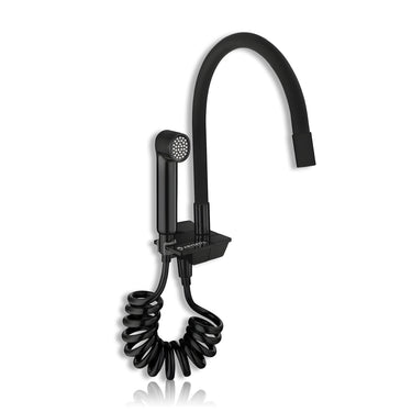 Black piano kitchen sink faucet with hand shower on a white background.