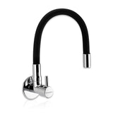 A wall-mounted kitchen sink tap with a flexible silicone spout and a chrome finish.