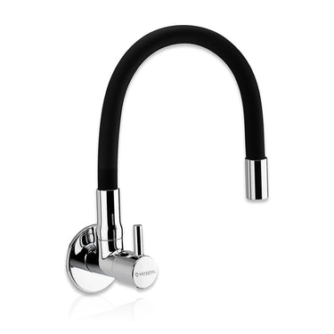 A wall-mounted kitchen sink tap with a flexible silicone spout and a chrome finish.