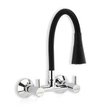 A wall-mounted kitchen sink mixer tap with a flexible silicone spout and dual flow settings, finished in chrome.
