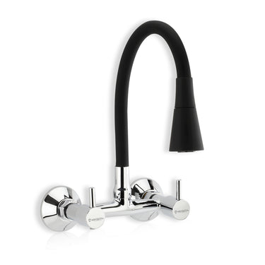 A wall-mounted kitchen sink mixer tap with a flexible silicone spout and dual flow settings, finished in chrome.