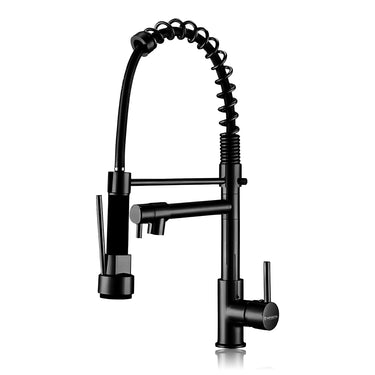 Black kitchen faucet with a spring design on a white background