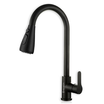 Black kitchen tap with round rotating spout and handle with pull out by hand features against a white background.
