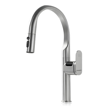 Stainless steel pull out kitchen faucet on a white background